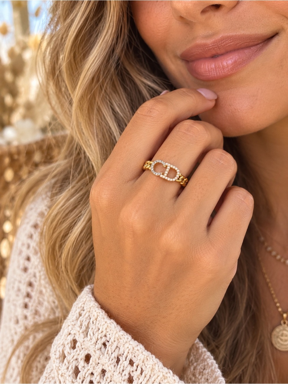 Gold Open Adjustable CD Style Chain Ring Rhinestone Pearl Statement - Picture 2 of 5